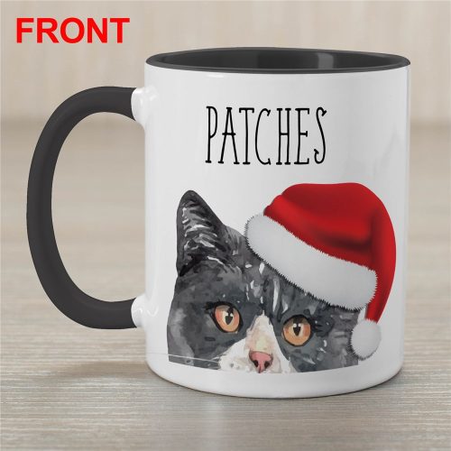Personalized Santa Hat Watercolor Cats Black Handle Mug