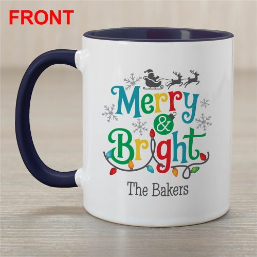 Personalized Merry & Bright with Lights Navy Handle Mug
