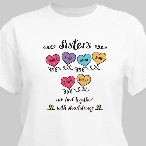 Personalized Sisters Are Tied Together with Heartstrings T-Shirt