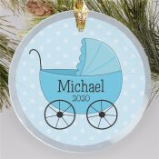 Personalized Baby Carriage Round Glass Ornament