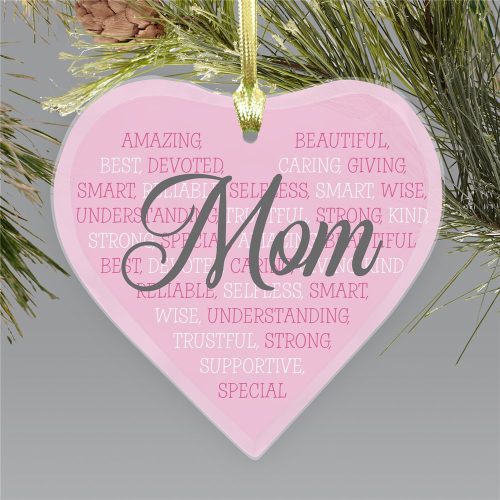 Personalized Mom Word Art Heart Heart Shaped Glass Ornament