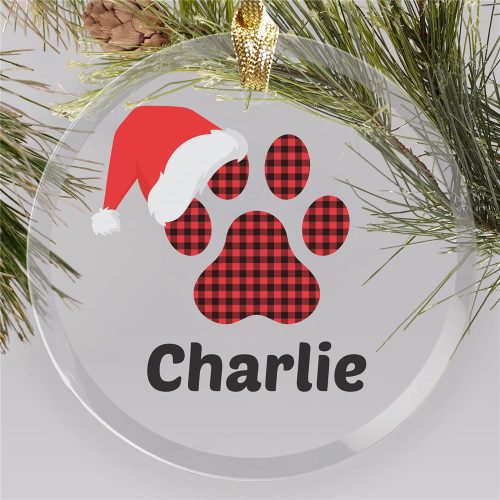 Personalized Santa Paw Hat Round Glass Ornament
