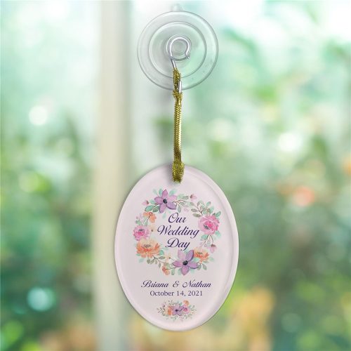 Personalized Our Wedding Day Jade Glass Oval Ornament with suction cup