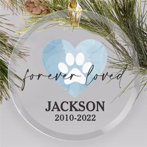 Personalized Memorial Watercolor Heart with Paw Round Glass Ornament