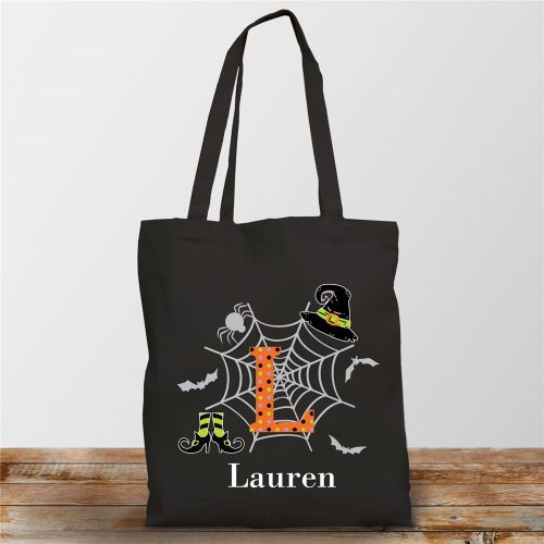 Personalized Polka Dot Witch Cotton Twill Black Tote Bag