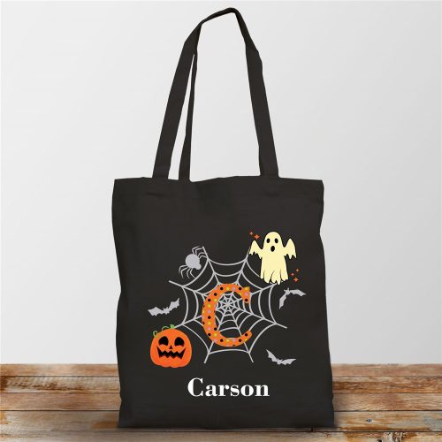 Personalized Polka Dot Ghost & Pumpkin Black Tote Bag
