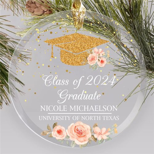 Personalized Gold Glitter Cap with Flowers Round Glass Ornament