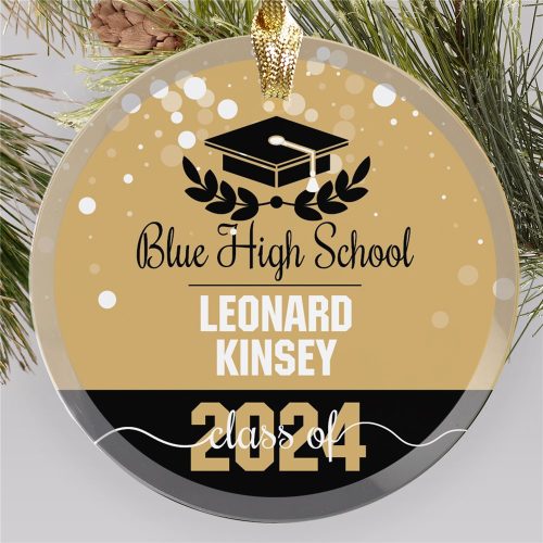 Personalized Grad Cap with Half Wreath Round Glass Ornament