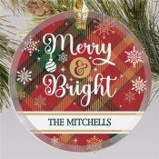 Personalized Merry & Bright Plaid Round Glass Ornament