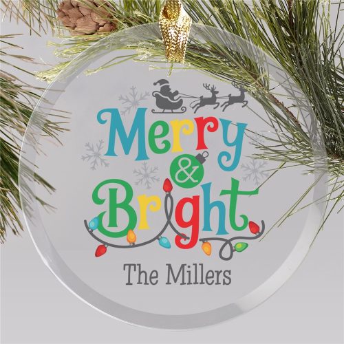 Personalized Merry & Bright with lights Round Glass Ornament