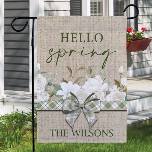 Personalized Hello Spring Burlap Garden Flag