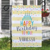 Personalized Happy Birthday with Yellow Stripes Garden Flag
