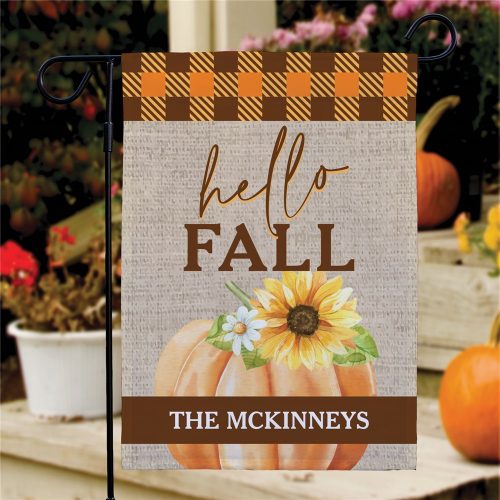 Personalized Pretty Orange Plaid with Pretty Pumpkin Garden Flag