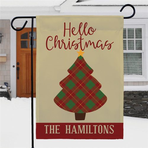 Personalized Hello Christmas with Plaid Tree Garden Flag