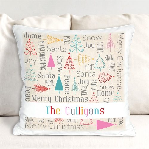 Personalized Bright Christmas Trees Static Word Art Throw Pillow
