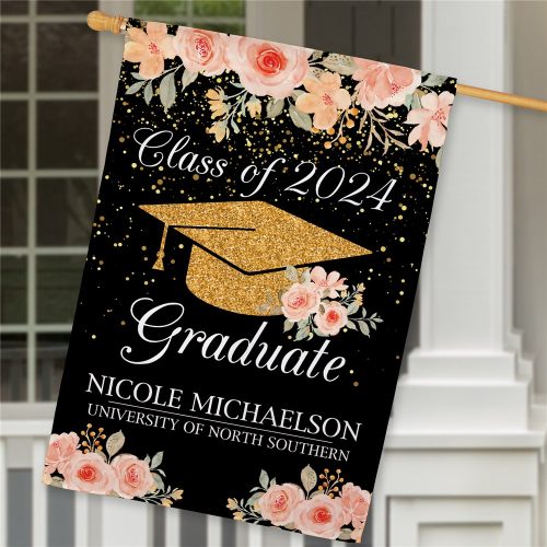 Personalized Gold Glitter Cap with Flowers House Flag