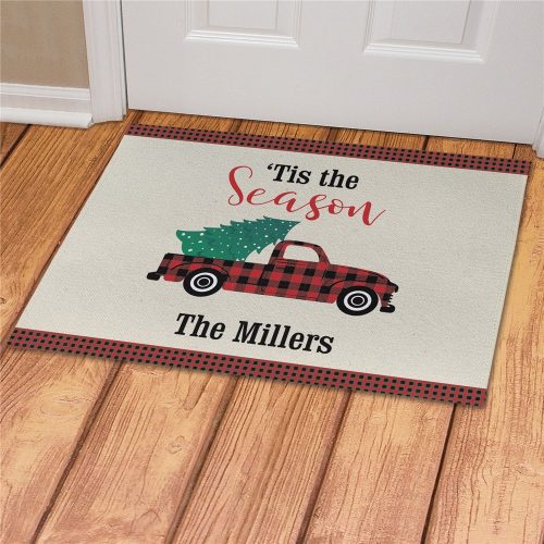 Personalized Tis The Season Gingham Truck Doormat