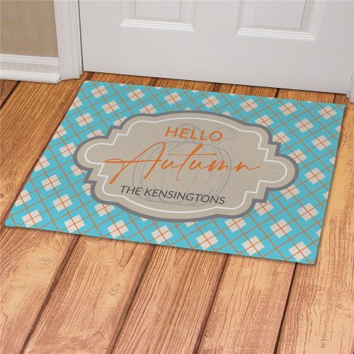 Personalized Pretty Blue and Orange Plaid Doormat