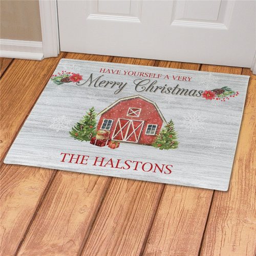 Personalized Red Barn Christmas Doormat