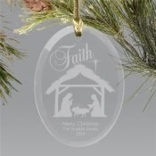Engraved Nativity Oval Glass Christmas Ornament