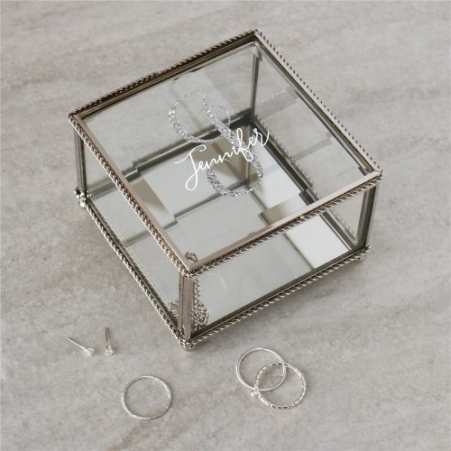 Personalized Silver Glitter Initial with Script Name Jewelry Box