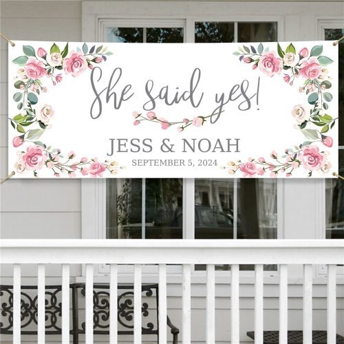 Personalized She Said Yes Pink Floral 30 x 72 Banner
