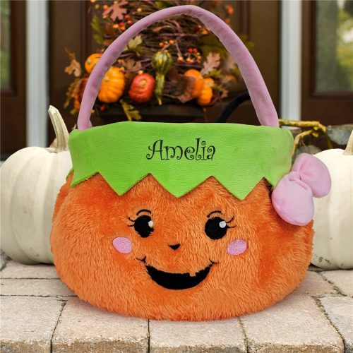 Embroidered Girl Fuzzy Pumpkin Trick or Treat Basket