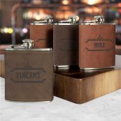 Engraved Ornate Border With Name Leatherette Flask