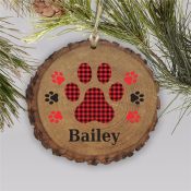 Personalized Gingham Paw Wood Round Ornament