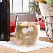 Engraved Cherries Stemless Wine Glass