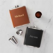Engraved Any Name Leather Flask Set