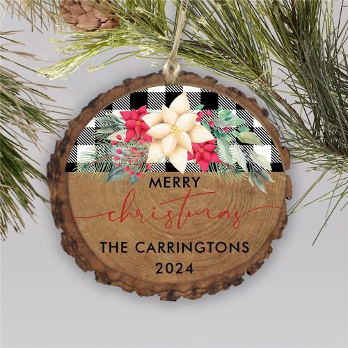 Personalized Black & White Plaid Floral Wood Ornament