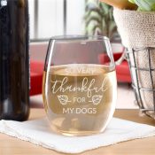 Engraved So Very Thankful with Leaves Stemless Wine Glass