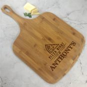 Engraved Pizza Slice on top of Pizza Night Bamboo Pizza Board