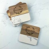 Engraved Leaf Wreath with Family Name Marble & Acacia Coasters