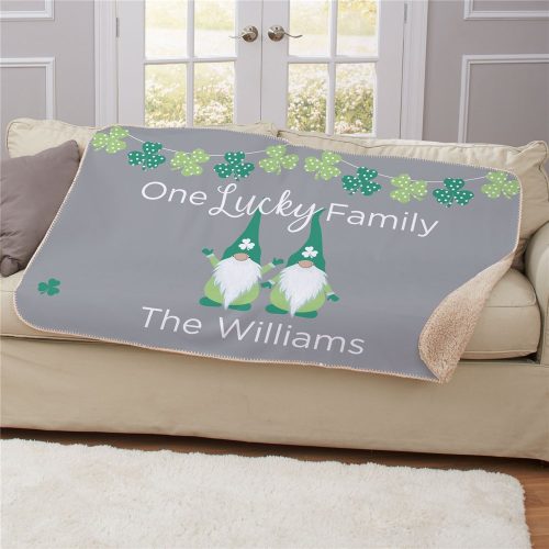 Personalized One Lucky Family Gnome Sherpa Blanket