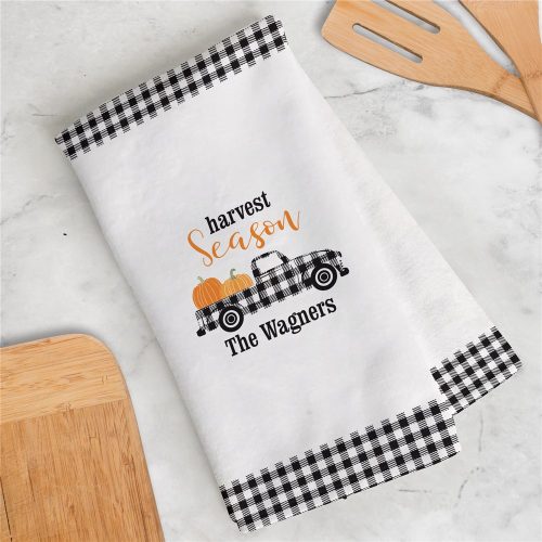 Personalized Harvest Season Gingham Truck Dish Towel