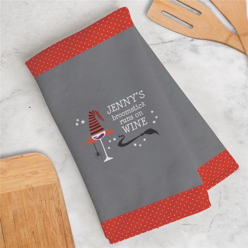 Personalized Broomstick Runs On Wine Dish Towel