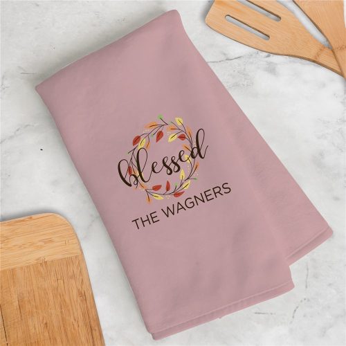 Personalized Blessed Wreath With Leaves Dish Towel