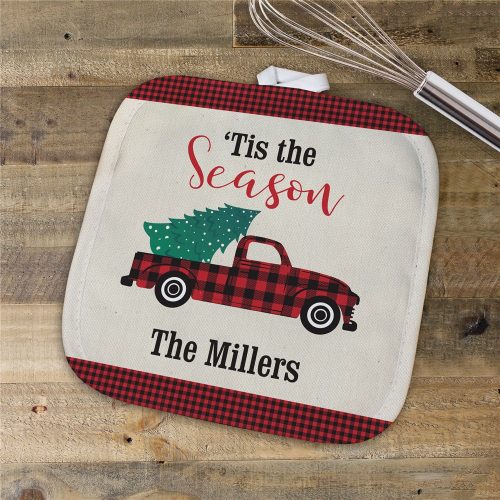 Personalized Tis The Season Gingham Truck Pot Holder