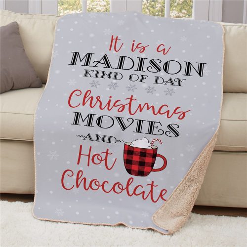 Personalized Name Christmas Movie & Hot Chocolate Sherpa Blanket