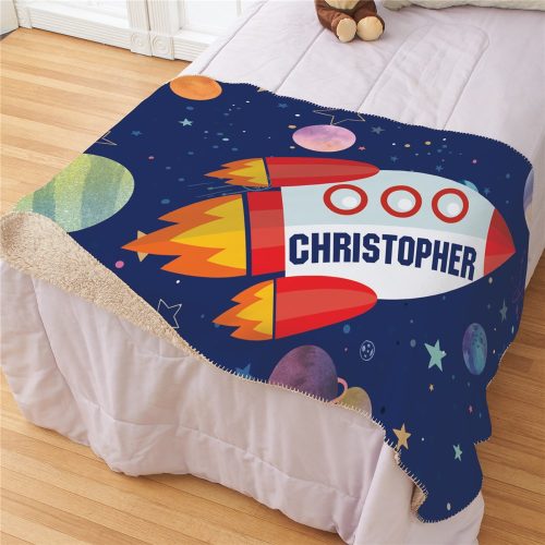 Personalized Rocket Ship with Name Sherpa Blanket
