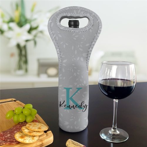 Personalized Grey Leafy Pattern Wine Gift Bag