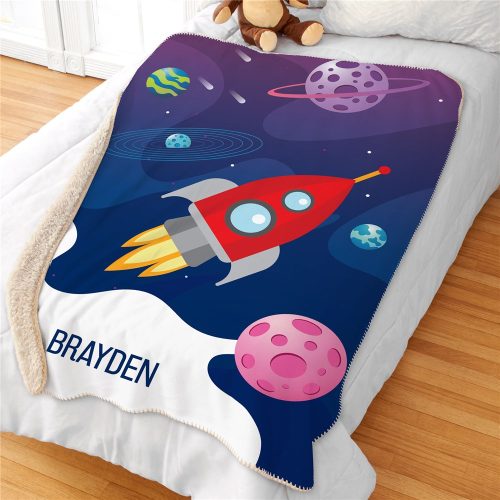 Personalized Outer Space with Rocket Sherpa Blanket