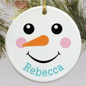 Personalized Snowman with Regular Smile and Name Round Ornament