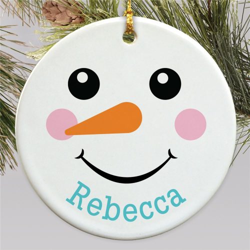 Personalized Snowman with Regular Smile and Name Round Ornament