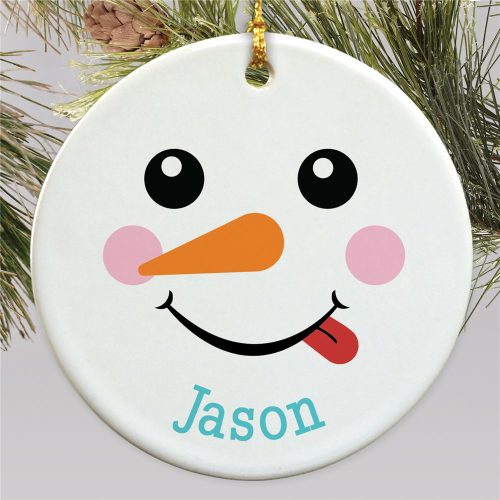 Personalized Tongue Sticking Out Snowman Round Ornament