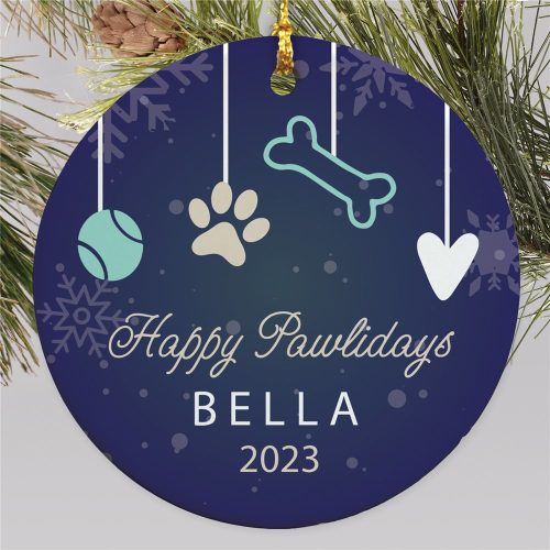 Personalized Happy Pawlidays Round Ornament
