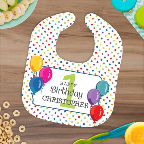 Personalized Birthday Balloons & Dots Baby Bib