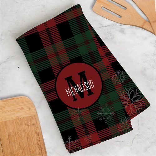 Personalized Snowflake Plaid Dish Towel